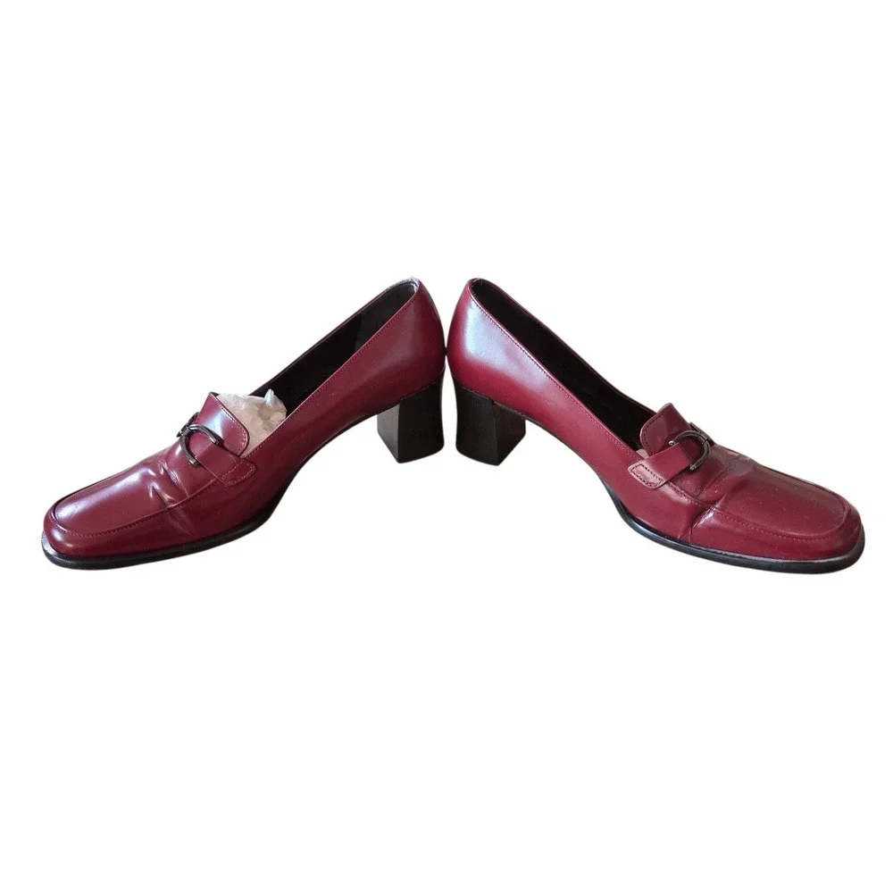 Via‎ Spiga Red Leather Horsebit Loafers Women's 7.5 Block Heel Made in Italy